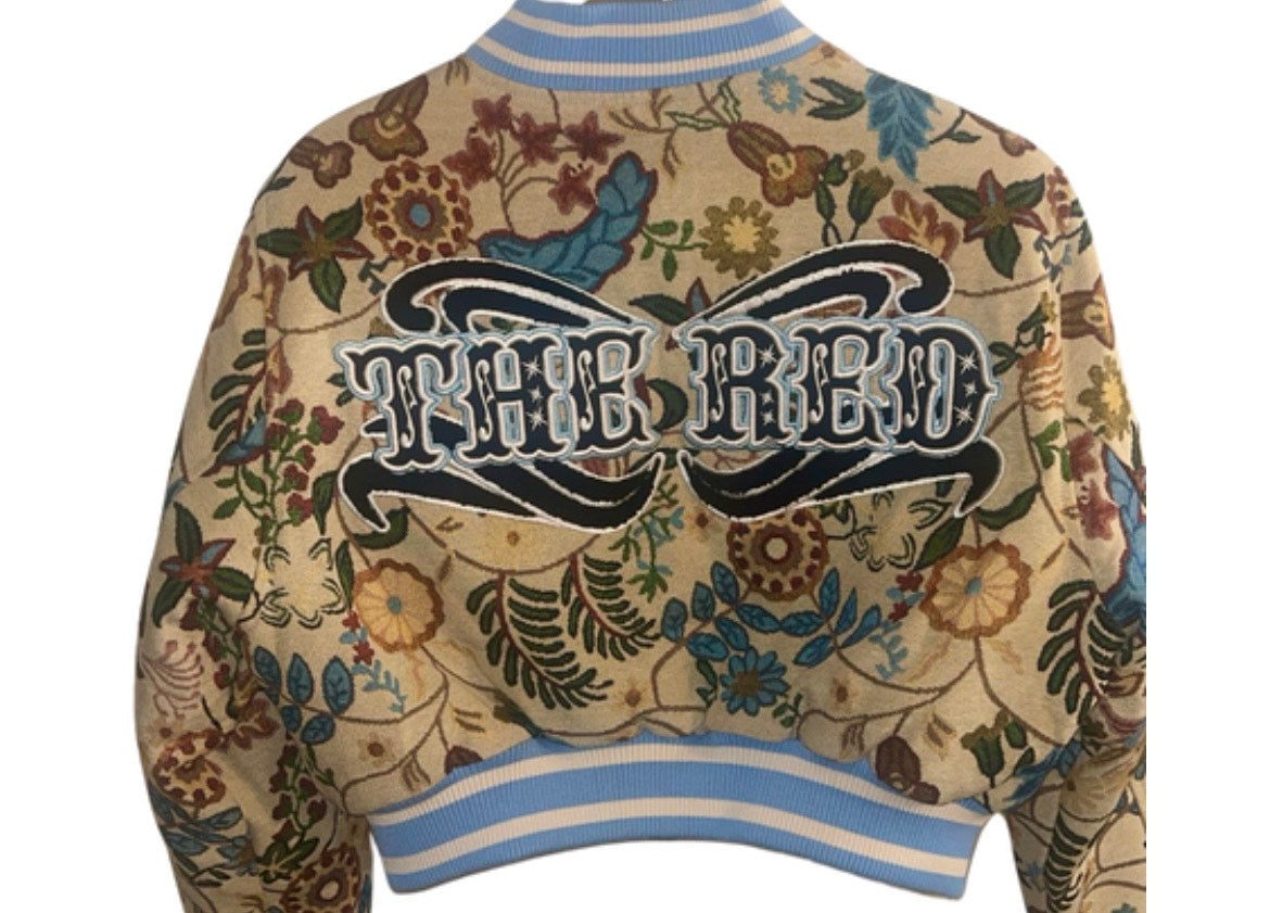 Tapestry Cropped Floral Varsity Jacket
